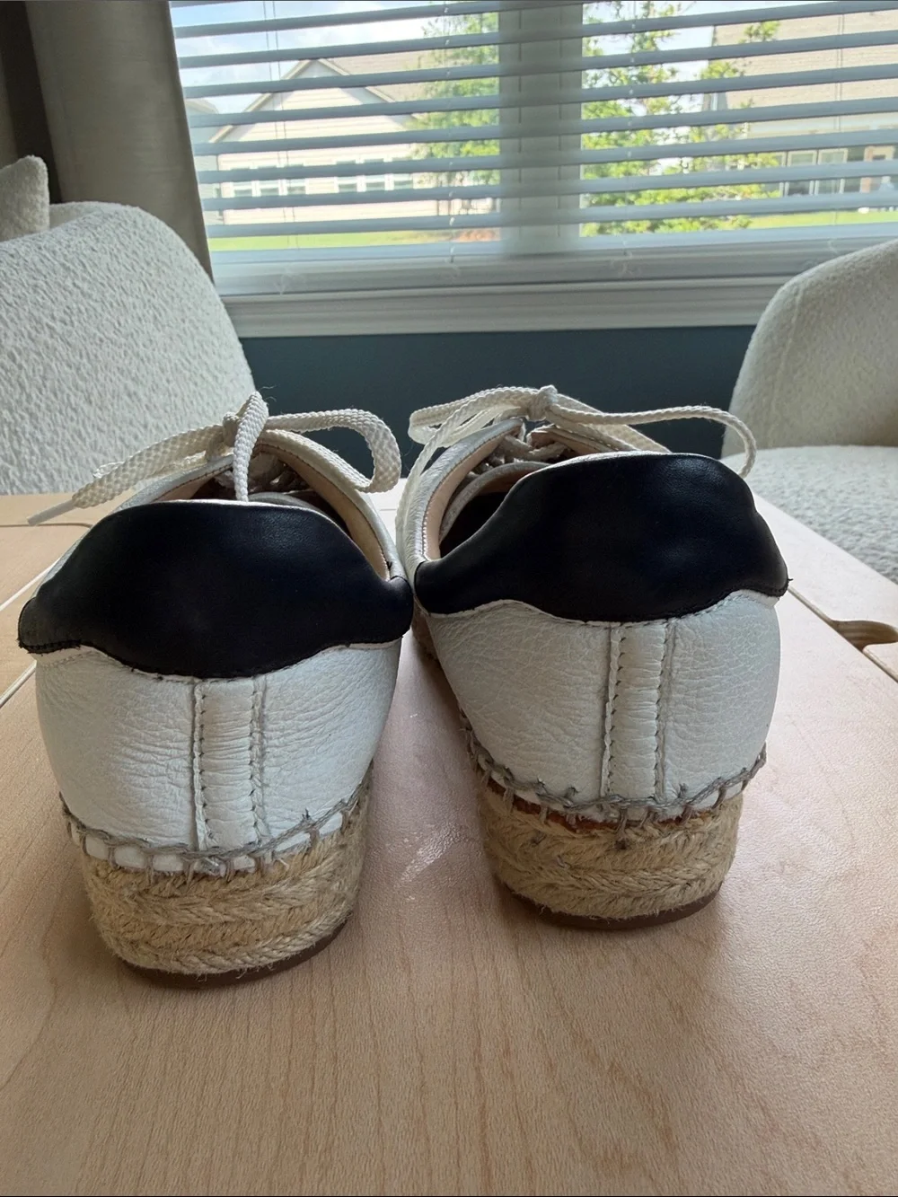Vince Camuto White Leather Espadrille Platform Sneaker with Brown Heel Tab